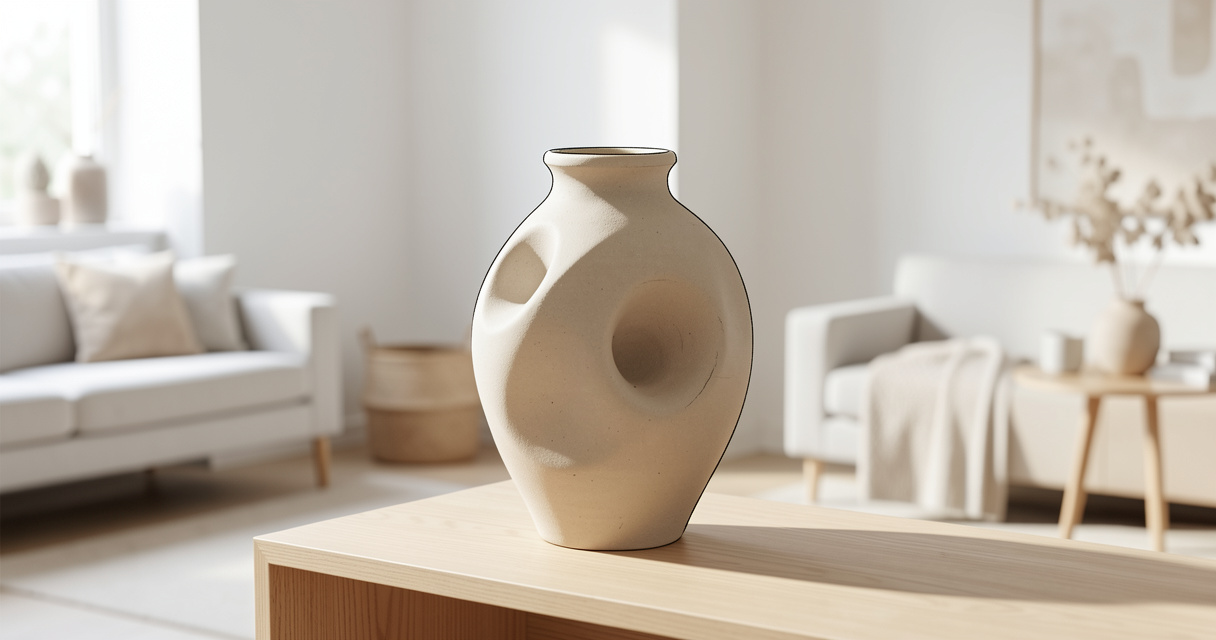 Objet déco design : vase céramique beige posé sur console en chêne clair