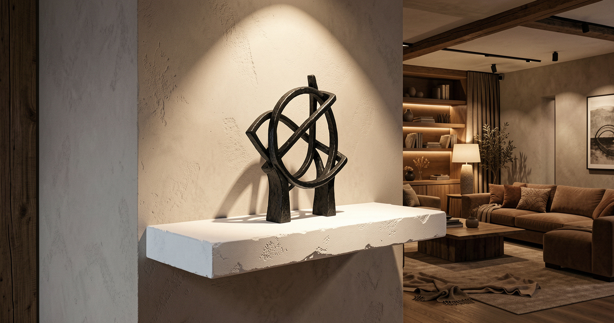 Objet déco design : sculpture métal noir sur étagère murale blanche
