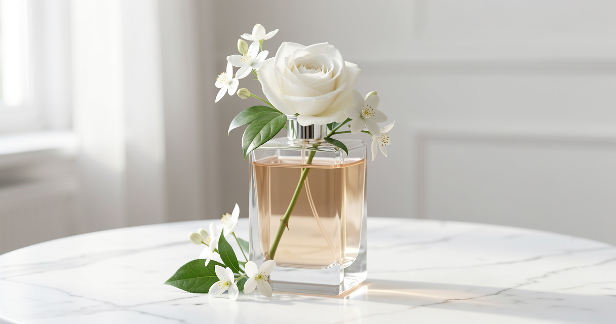 Bouteille de parfum floral avec rose et jasmin sur marbre blanc lumineux
