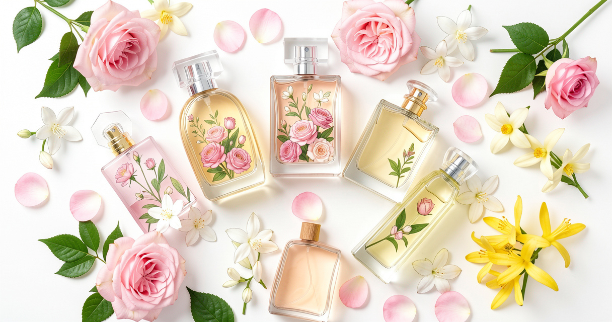 Sélection de parfums floraux entourés de pétales de rose, jasmin et tubéreuse