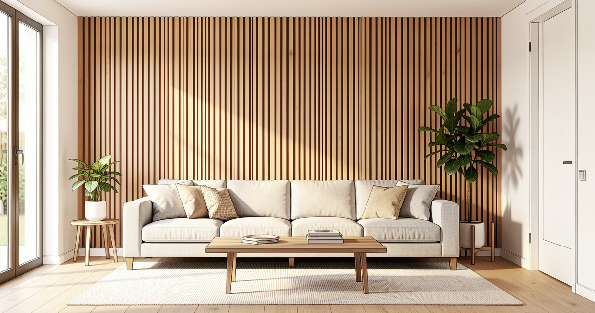Habiller les murs avec des tasseaux de bois clair : salon scandinave