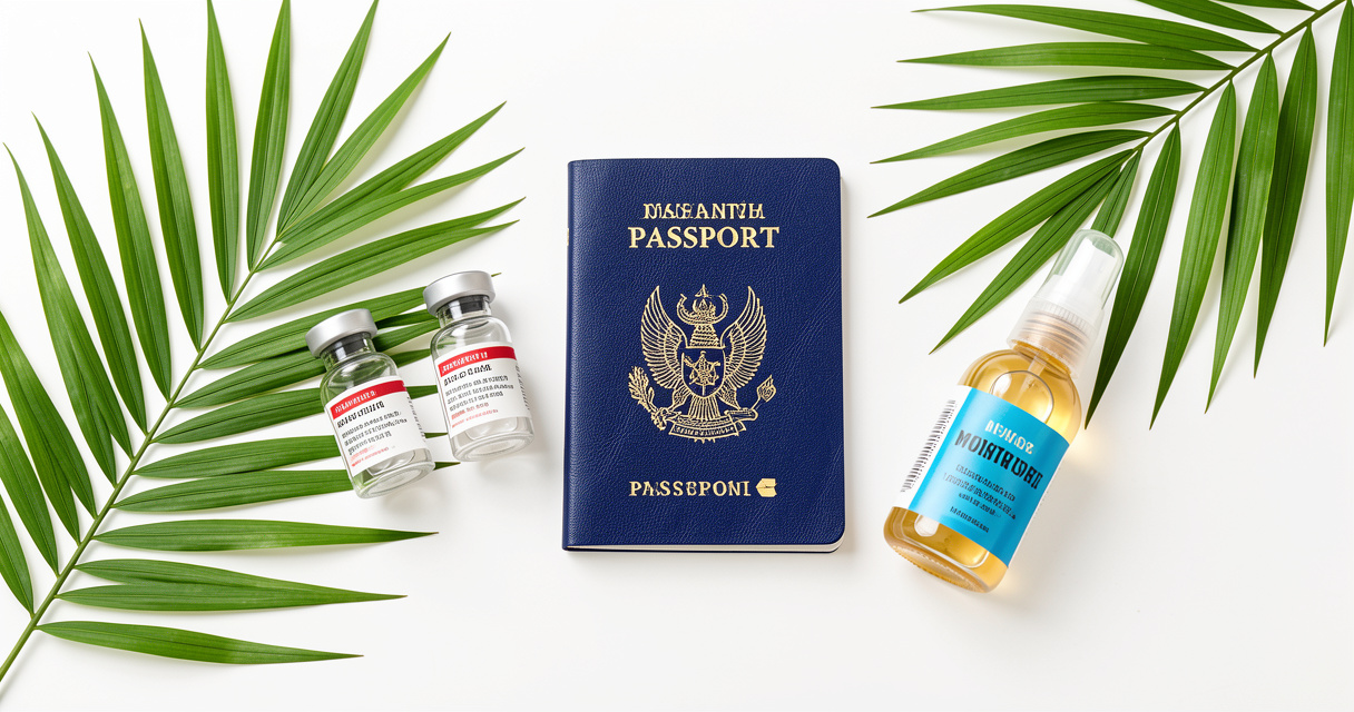 Carnet de vaccination, passeport et répulsif pour un voyage en Thaïlande