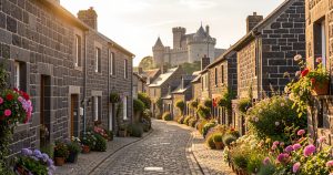 Ruelles pavées et façades fleuries en granit du village médiéval de Rochefort-en-Terre dans le Morbihan