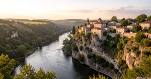 Vue panoramique du village médiéval perché d'Aiguèze dans le département du Gard