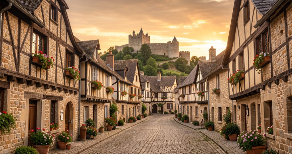 Vue panoramique d'un village médiéval français en pierre avec ruelles pavées et château historique