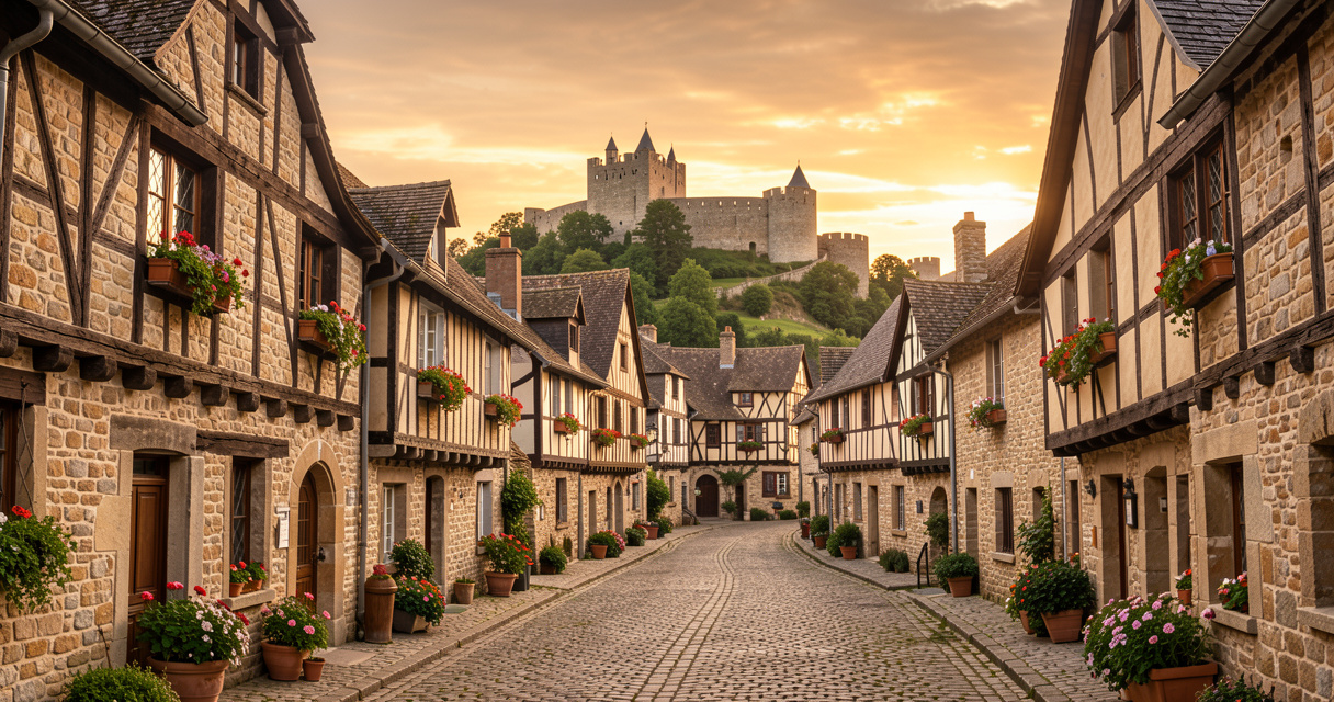 Vue panoramique d'un village médiéval français en pierre avec ruelles pavées et château historique