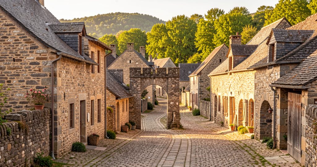 Ruelles en calade et maisons en pierre du village médiéval de Marcolès dans le Cantal