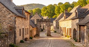 Ruelles en calade et maisons en pierre du village médiéval de Marcolès dans le Cantal
