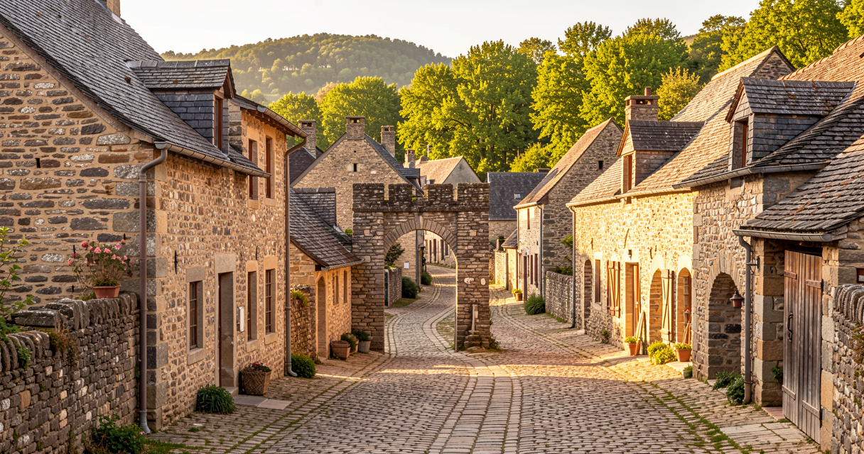 Ruelles en calade et maisons en pierre du village médiéval de Marcolès dans le Cantal