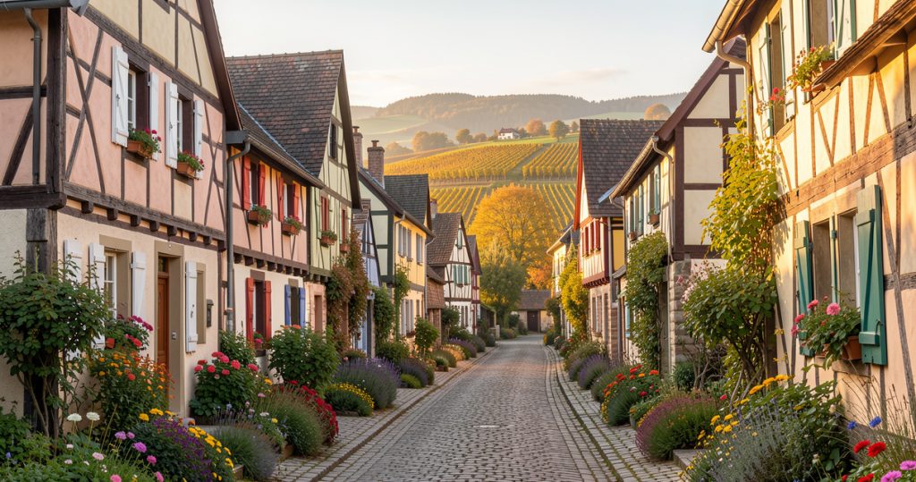 Ruelle d’un village alsacien avec maisons à colombages et fleurs