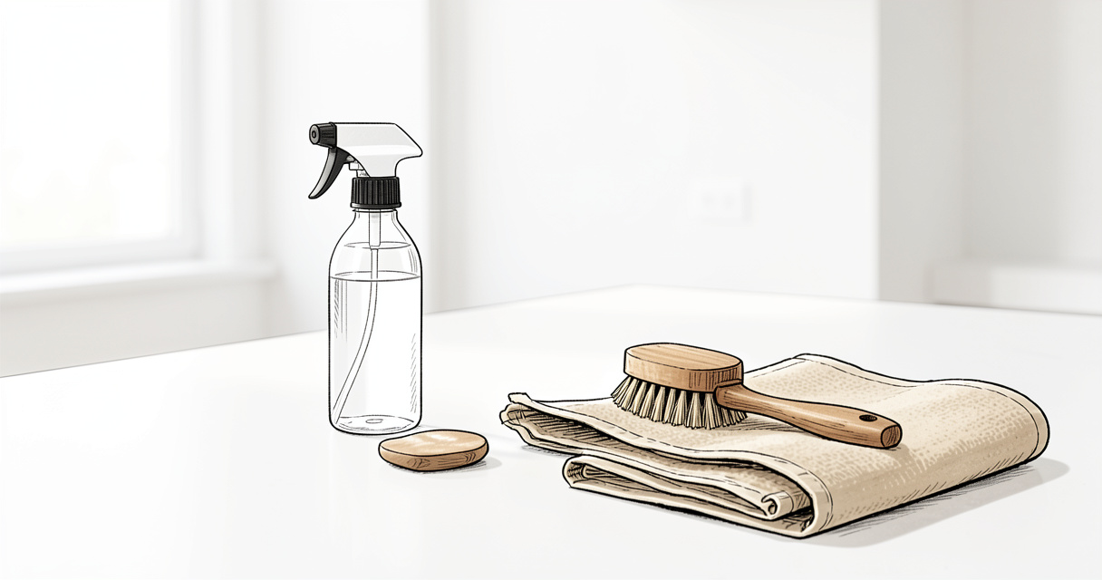 Bouteilles de produit nettoyage multi-usages sur un plan de travail clair