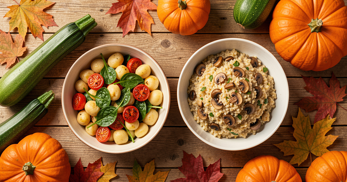 Plats de saison en septembre, gnocchis aux tomates et risotto aux champignons