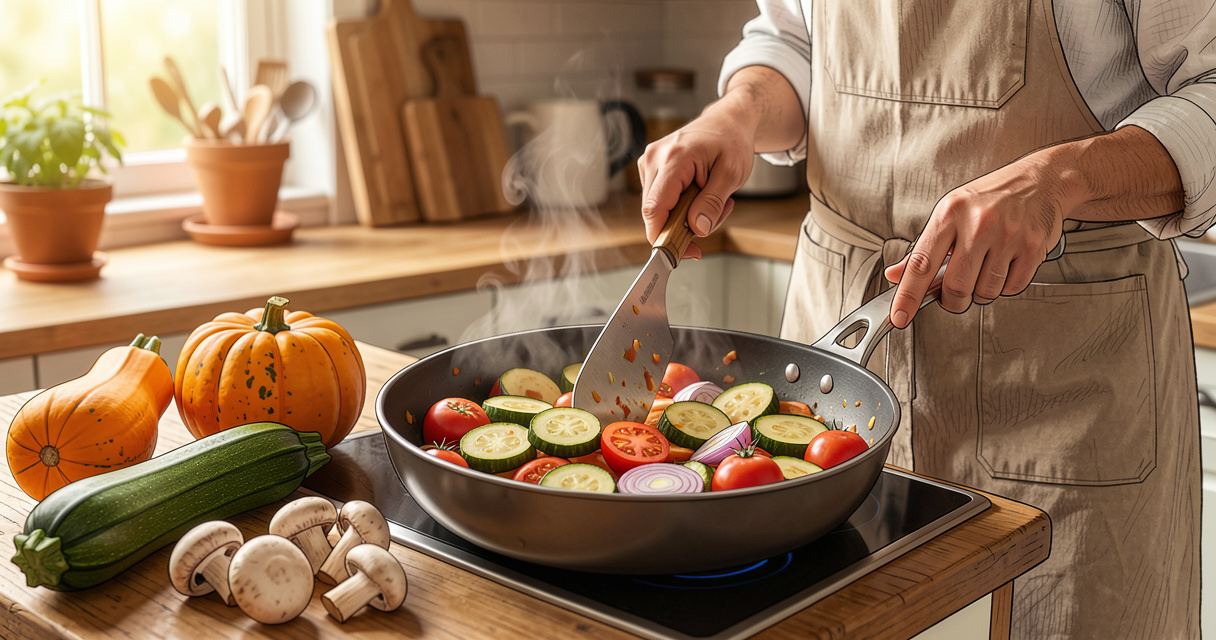 Ratatouille de saison avec courgettes et tomates fraîches sur un plan de travail