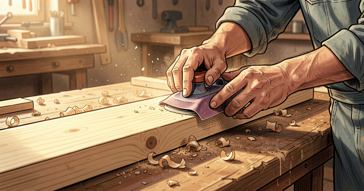 Ponçage manuel d'une planche de pin pour un projet de déco sur bois