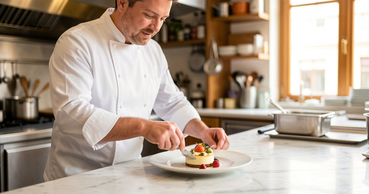 Chef pâtissier dressant un dessert dans une cuisine professionnelle