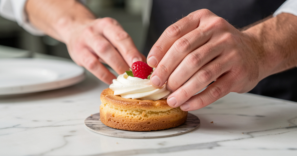 Grand chef pâtissier décorant une pâtisserie française artisanale