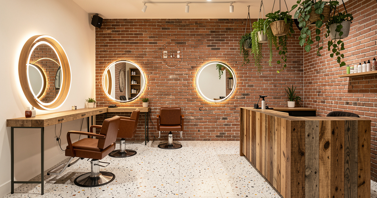 Décoration de salon de coiffure contemporain au mobilier midcentury