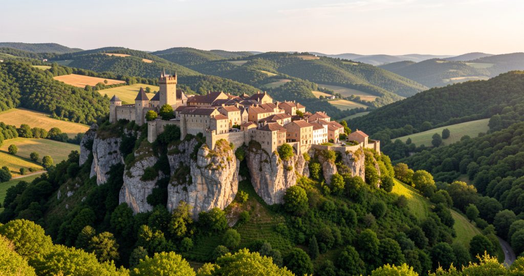 Vue panoramique sur le village médiéval et la forteresse royale de Najac en Aveyron