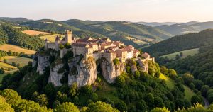 Vue panoramique sur le village médiéval et la forteresse royale de Najac en Aveyron