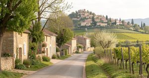Route de campagne menant vers un village français ancien entouré de paysages ruraux.