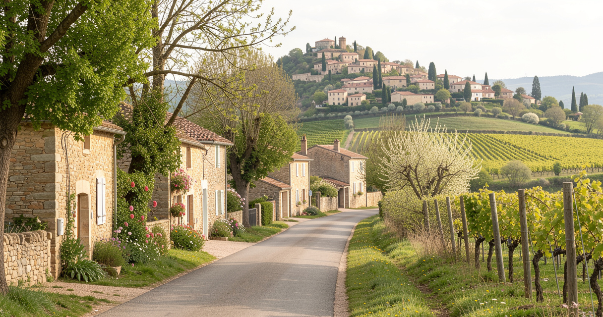 Route de campagne menant vers un village français ancien entouré de paysages ruraux.