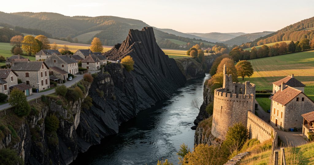 Vue panoramique du village médiéval d'Arlempdes et de son château perché sur un dyke volcanique en Haute-Loire