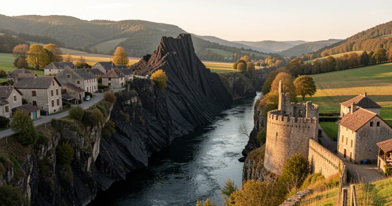Vue panoramique du village médiéval d'Arlempdes et de son château perché sur un dyke volcanique en Haute-Loire