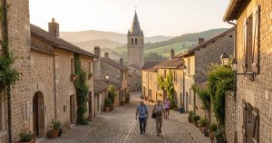 Ruelles pavées et patrimoine d’un village français médiéval dans un paysage rural