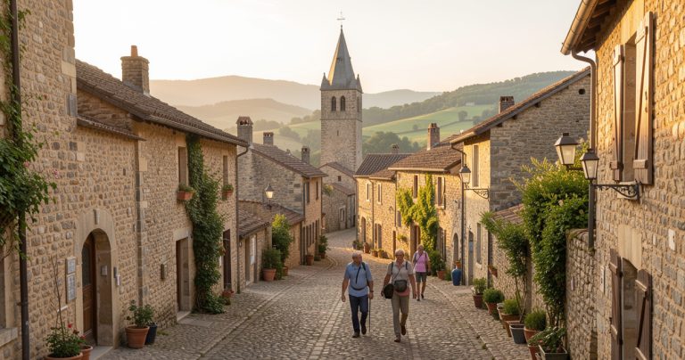 Ruelles pavées et patrimoine d’un village français médiéval dans un paysage rural
