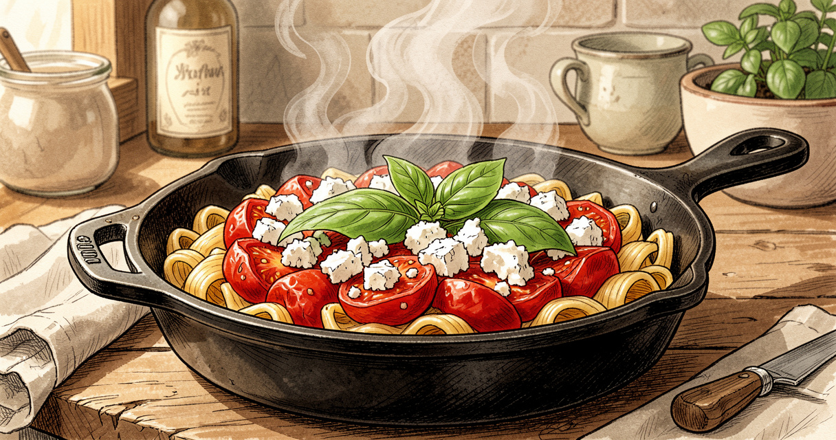 One pot pasta tomates feta basilic, recette rapide chaude du midi en 20 minutes