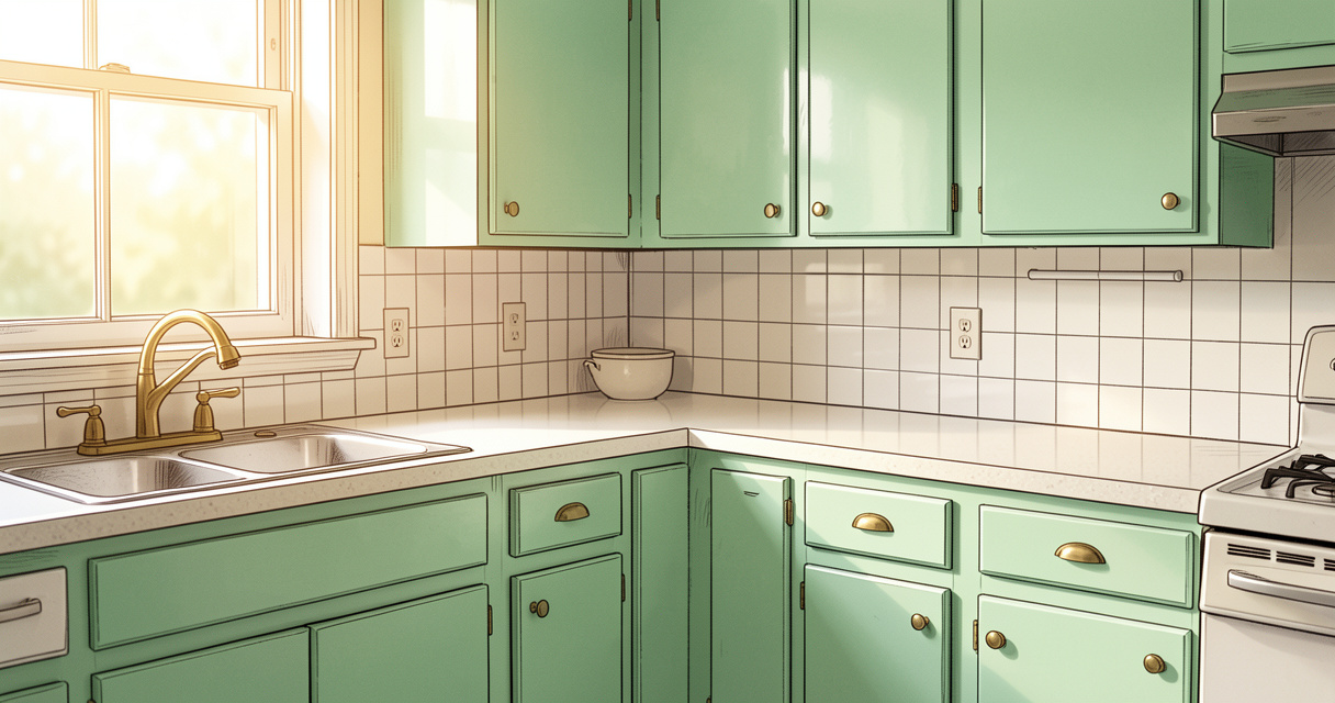 Cuisine vintage verte d'eau avec plan de travail en formica et crédence
