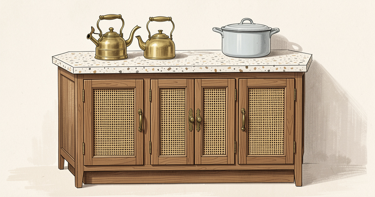 Meuble de cuisine vintage en cannage restauré avec poignées en laiton